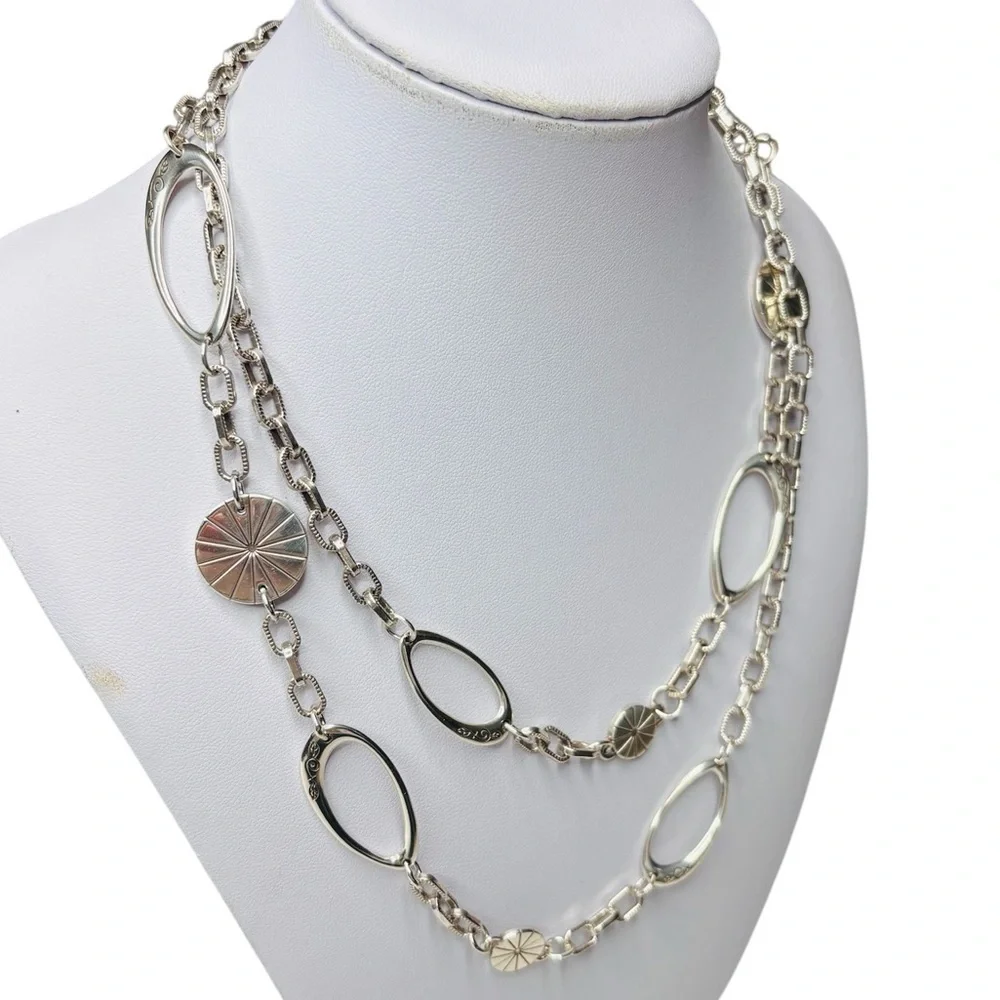 New BRIGHTON Orbit Silver Etched Disc Eliptical Link Long Necklace